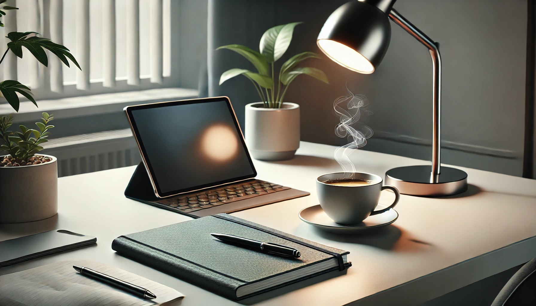 A modern, minimalist desk setup featuring a tablet with a keyboard, a notebook with a pen on top, a steaming cup of coffee, a smartphone, and two potted plants. A desk lamp illuminates the workspace, casting a warm light. The background includes a window with blinds partially closed.