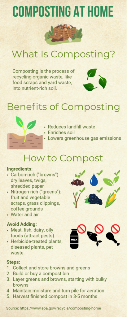 Infographic on composting at home detailing the process, benefits, ingredients, and steps involved.